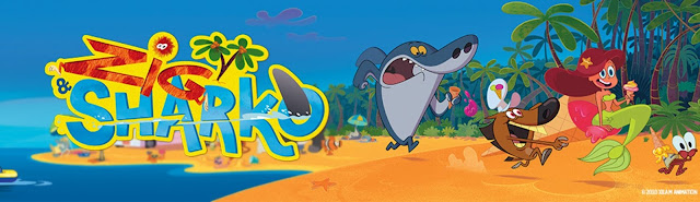 Imagen del título de la temporada 2 de Zig y Sharko. Aparecen los 4 protagonistas corriendo por la playa en fila, Bernie el cangrejo ermitaño, con su cucurucho de plátano pinchado en su caracola como un sombrero, Zig la hiena, llevando a Marina la sirenita sobre un helado gigante, esta a su vez lleva un cucurucho de helado también, y Sharko el tiburón, tras los demás, al final perdiendo su bola de helado de fresa.