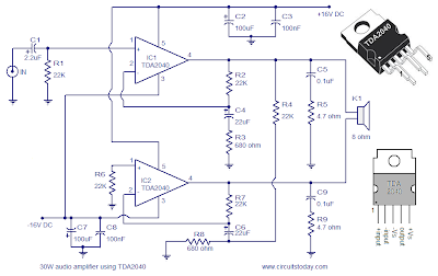 TDA2040 based A 30 watt audio amplifier circuit