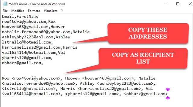 copiare gli indirizzi di posta elettronica
