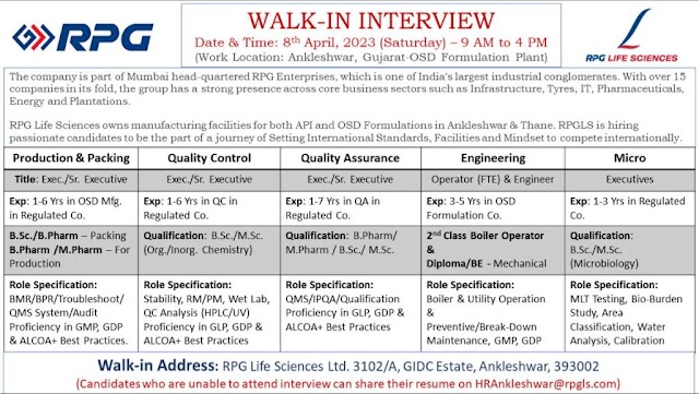 RPG Life Sciences | Walk-in Interview for Multiple Departments on 8th April 2023