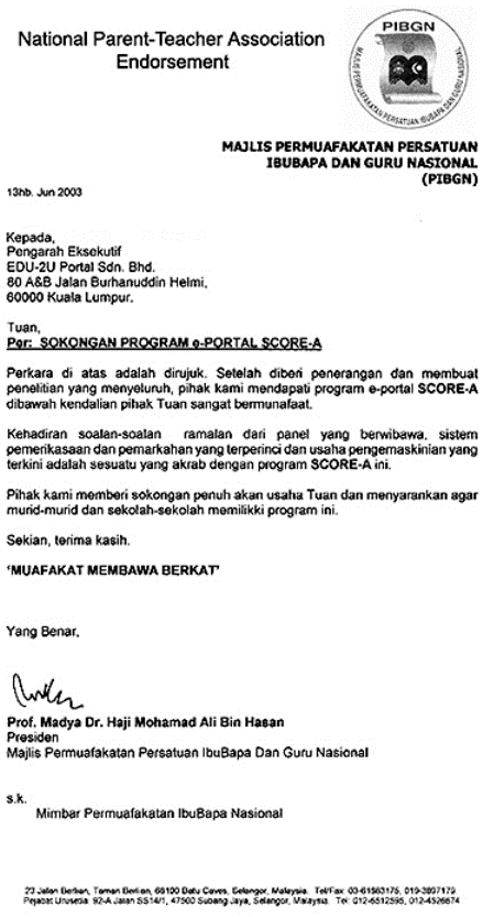 My Score A: Surat Sokongan Dari pihak PIBG