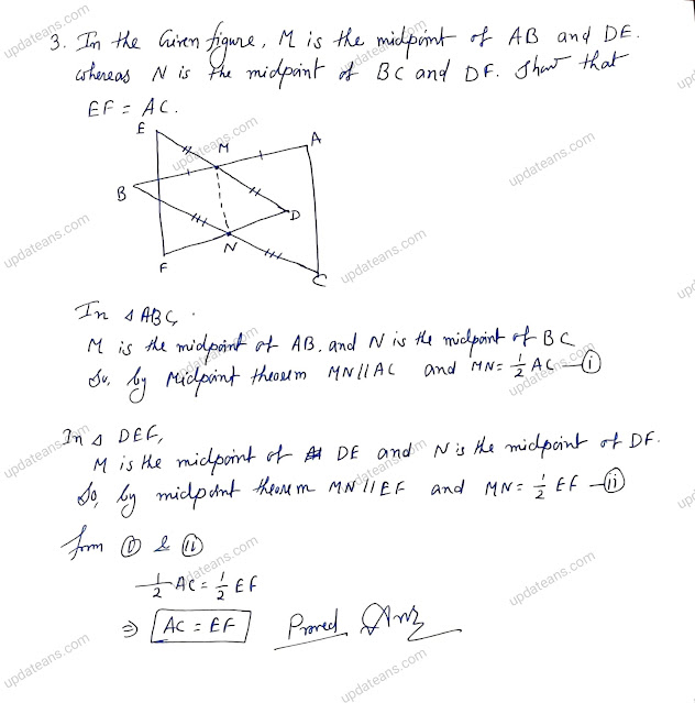 In the given figure M is the midpoint of AB and DE, whereas N is the midpoint of BC and DF. Show that EF= AC Class 9 |  Midpoint Theorem