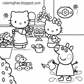 Girls coloring in Hello Kitty cartoon drawing Peppa Pig printables mummy pig working garden flowers