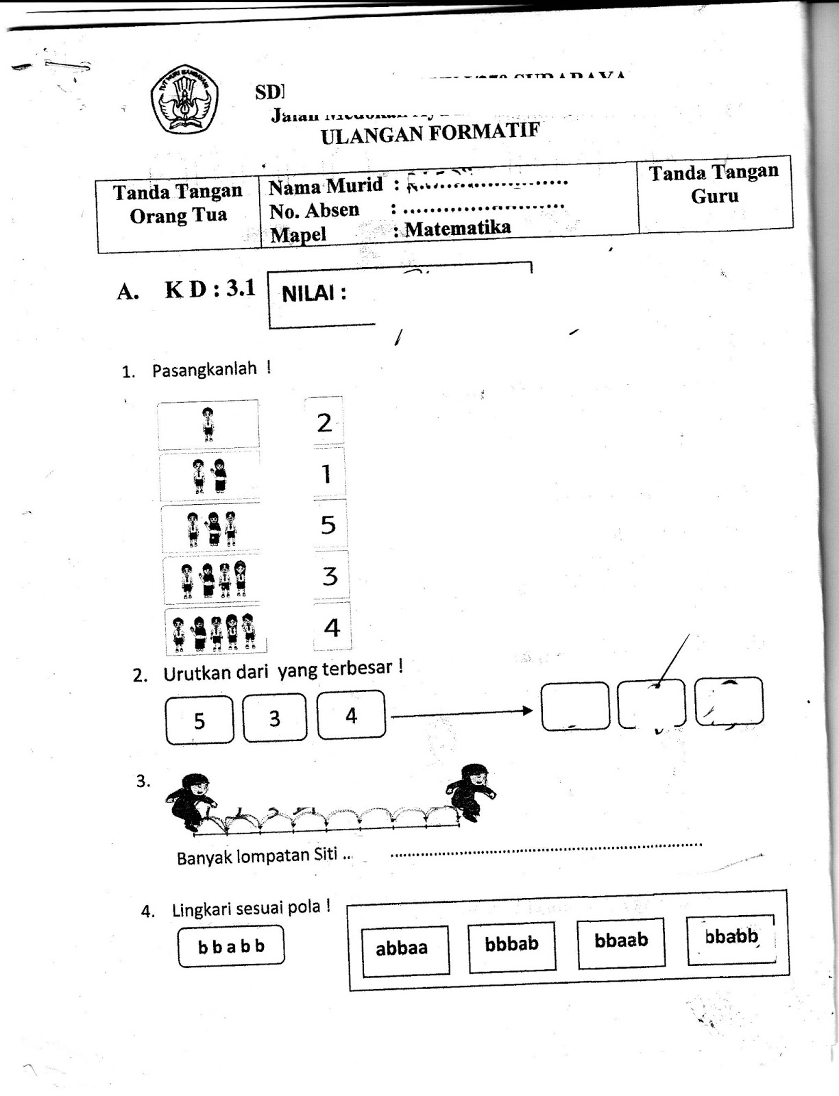 Formatif 1 Matematika SD Kelas 1 Semester Ganjil TA 2015 2016 Kurikulum 2013