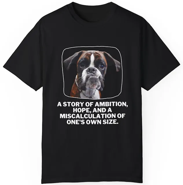 T-Shirt With Boxer Dog Clenching his Teeth and Caption A Story of Ambition, Hope, and a Miscalculation of One's Own Size