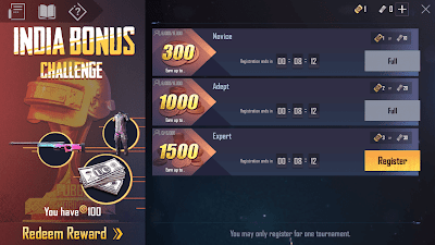 PUBG Mobile India Bonus Challenge Menu