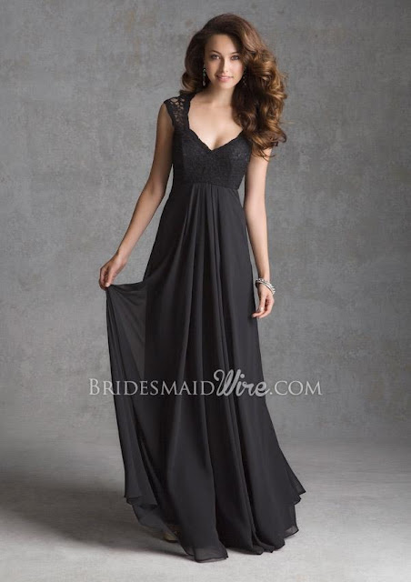Classic Black Cap Sleeve Lace Bodice Floor Length A-line Bridesmaid Dress