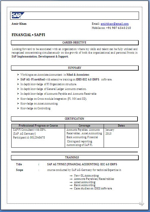 Download SAP FICO Resume Format