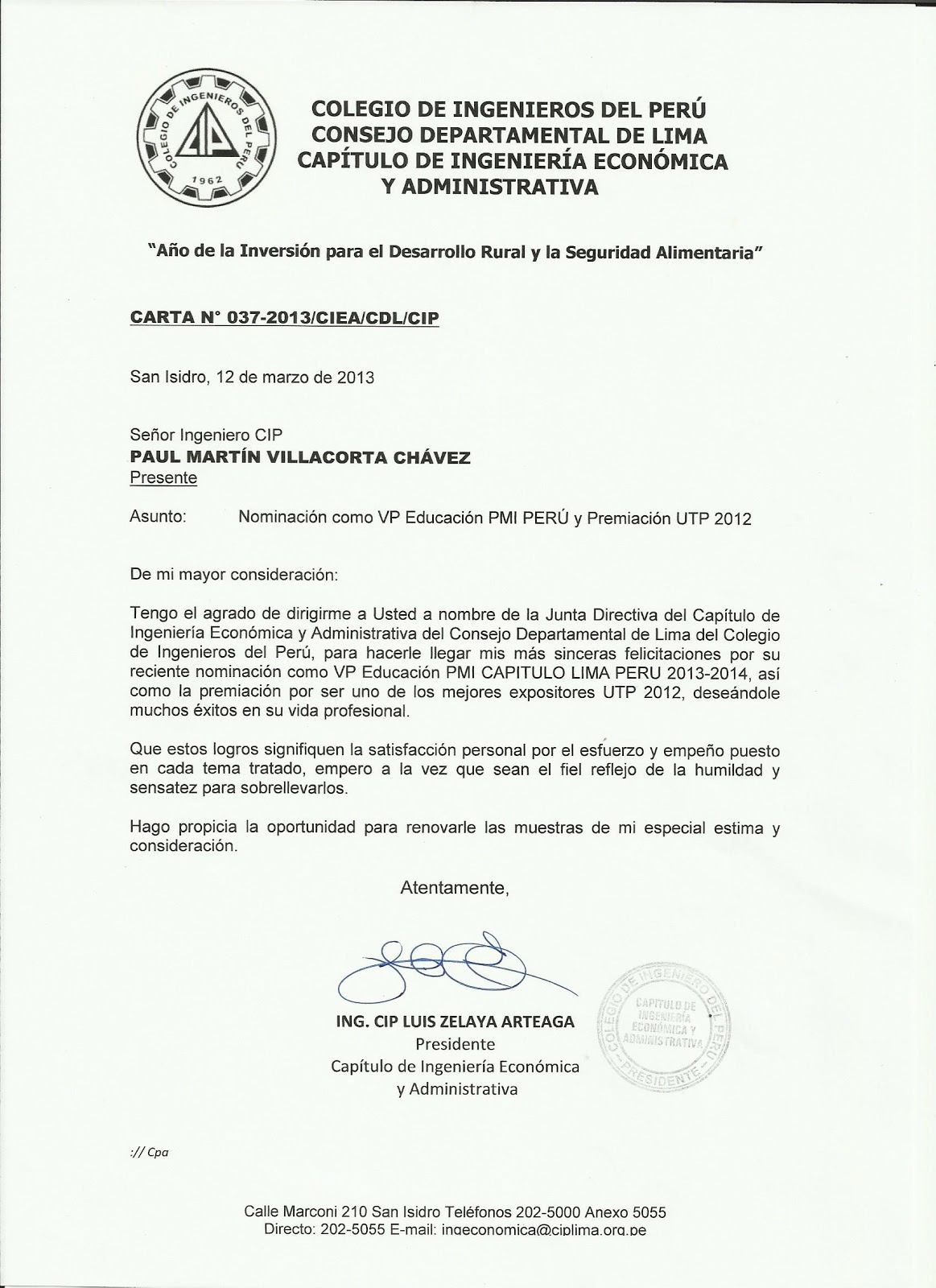 PMI: Carta de Felicitación CIP 2013
