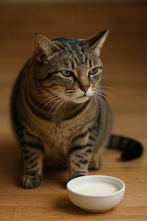 Cat sniffing bowl of milk but turning away – lactose intolerance awareness