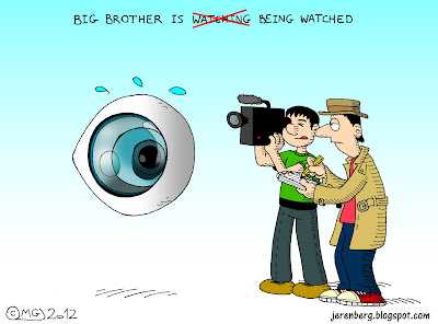 big brother is watching being watched reality show giant eye reporters journalists media holding pencil to notepad filming with news video camera