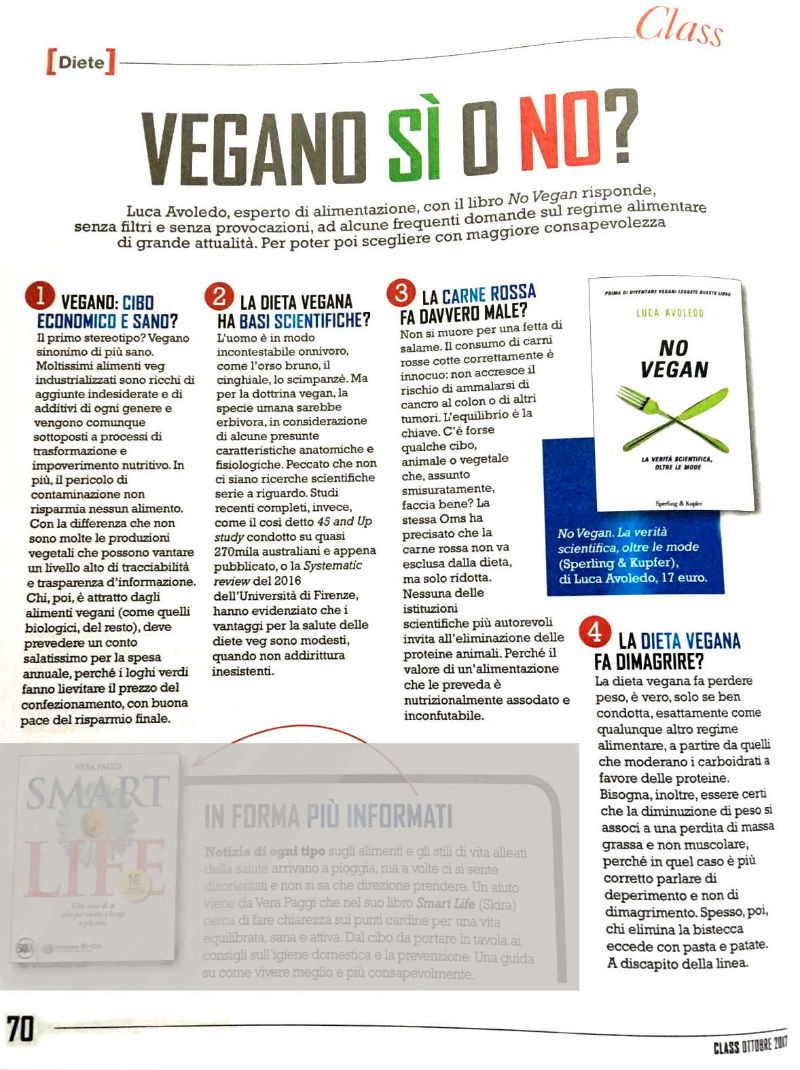 La pagina che Class ha dedicato al libro No Vegan