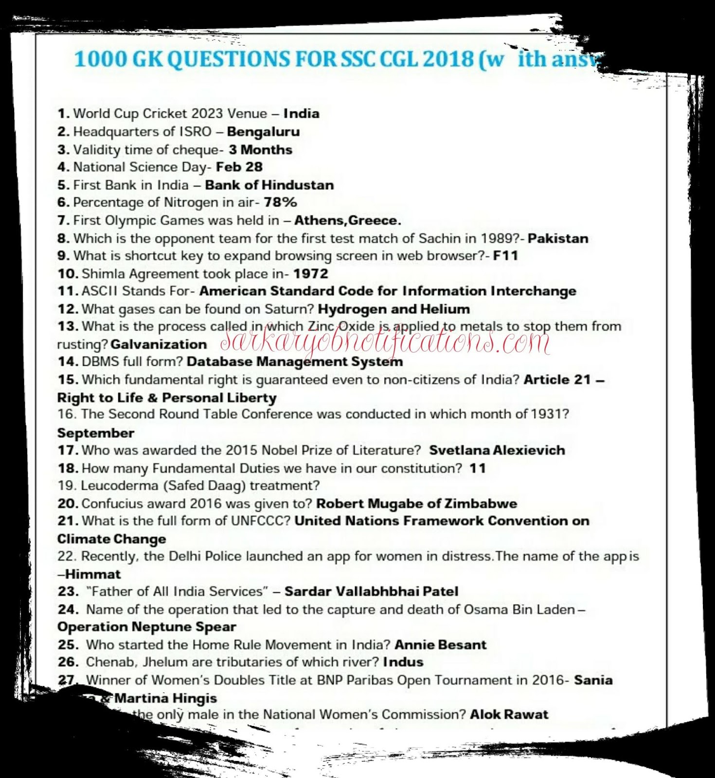 Important 1000 Ssc Cgl Gk Questions And Answers Free Pdf Download