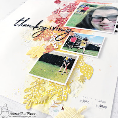 Thanksgiving Scrapbook Layout by Samantha Mann for Newton's Nook Designs, mixed media, scrapbooking, watercolor, autumn, leaves, stencil #newtonsnook #newtonsnookdesigns #scrapbooklayout #scrapbooking #watercolor #mixedmedia