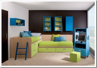 modern child's room furniture design in blue and green color,modern kids room design,contemporary children room decoration