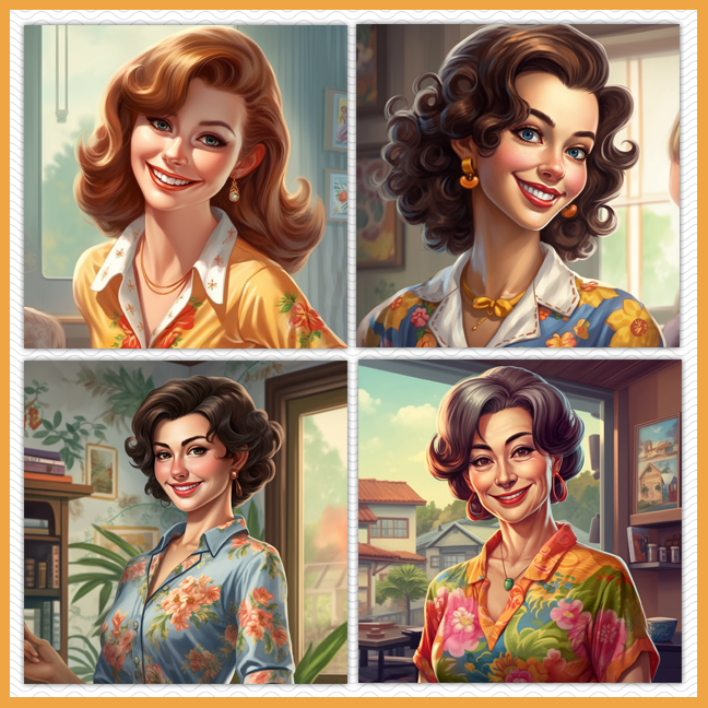 4 illustrations of a brunette woman character graphic