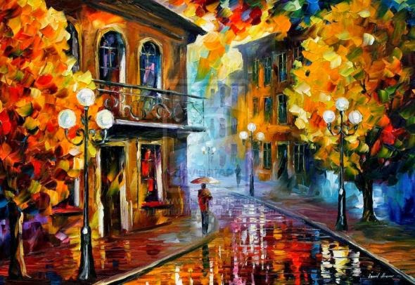 Leonid Afremov pinturas a óleo impressionista chuva outono noite cidade