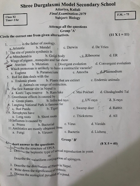 Class 11 Biology Question Paper 2079 - 2022