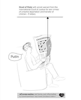 Cartoon of a man doing crosswords and identifying Putin as a Head of State with an ICC warrant for his arrest