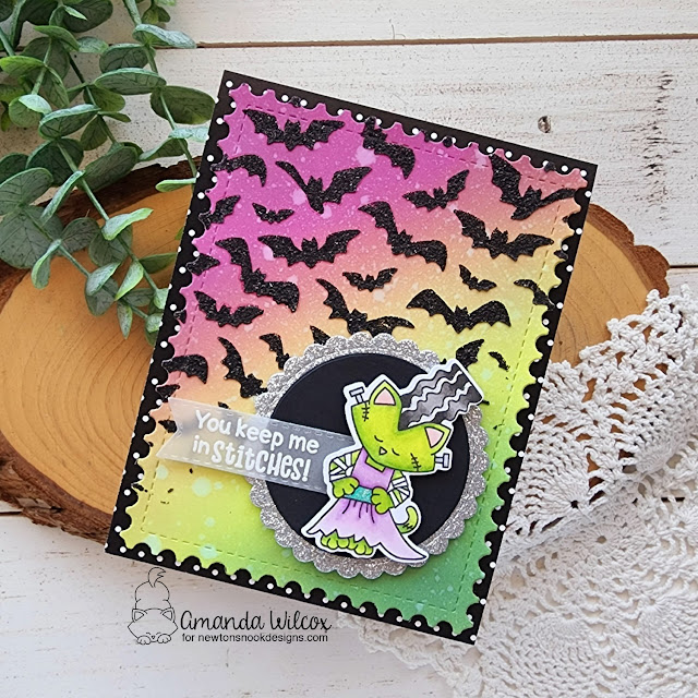 Frankenstein Cat Halloween Card by Amanda Wilcox | Franken-Newton Stamp Set, Flying Bats Stencil, Banner Trio Die Set, Circle Frames Die Set and Framework Die Set by Newton's Nook Designs