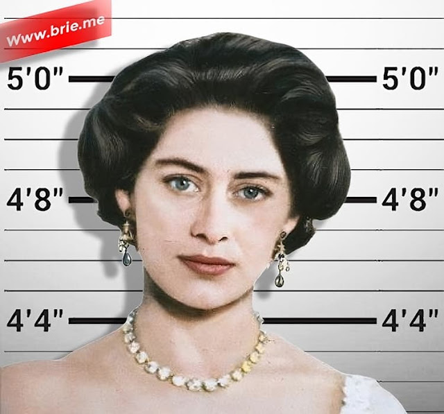 Princess Margaret posing in front of a height chart