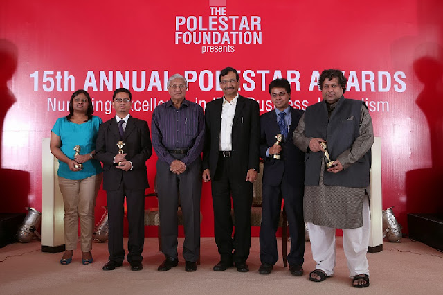 15th PoleStar Award Winners - From left to right: Geetika Rustagi from Mint, Ayushman Baruah from InformationWeek (India), R Gopalakrishnan, Executive Director, Tata Sons, Arun Jain, Founder, PoleStar Foundation and Chairman & Group CEO, Polaris Financial Technology Limited, Srikanth RP, from InformationWeek (India) and  Kandula Subramaniam from Outlook Business