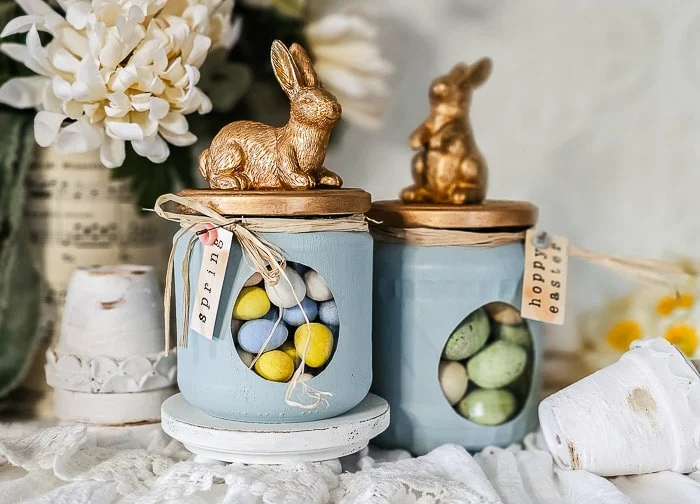 gold bunnies, painted jars, stamped tags