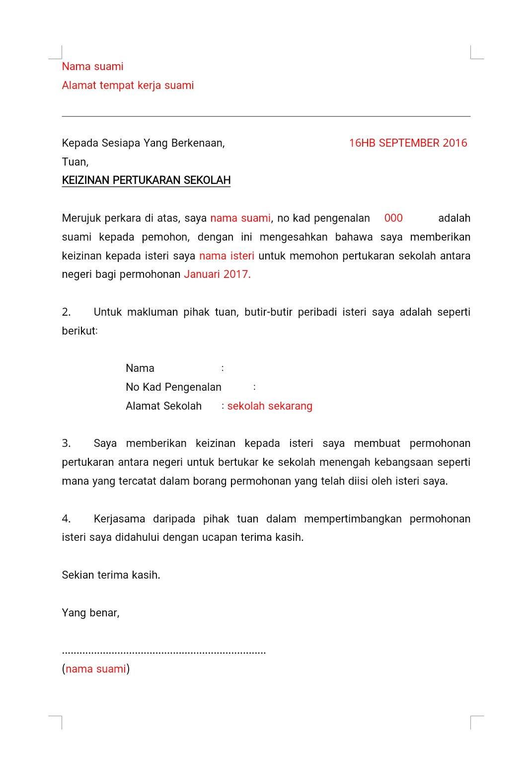 Contoh Surat Sokongan Majikan Untuk Pertukaran Tempat Kerja