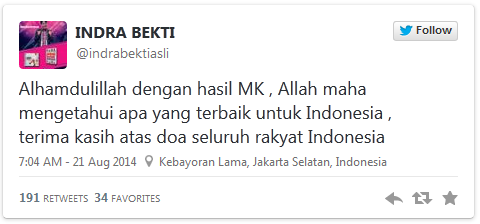 Hakim MK Tolak Gugatan Prabowo Hatta komentar Indra Bekti di Twitter