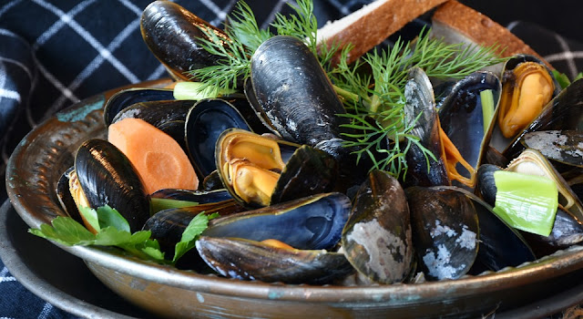 Plate of Cooked Mussels and Seafood