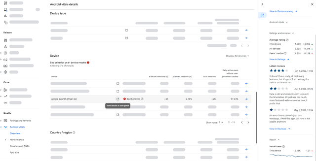 Screen shot of the Play Console showing the new side panel with device infromation such as ratings and reviews