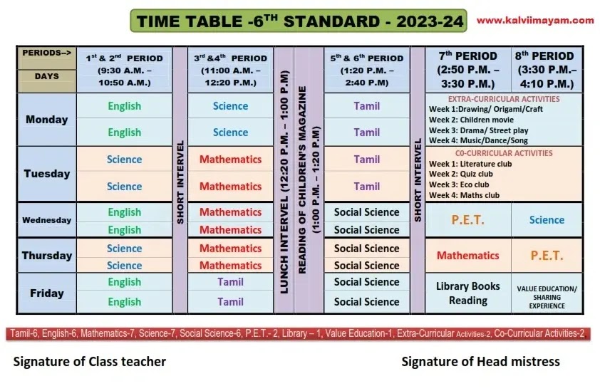 6th Standard Time Table 2023-2024