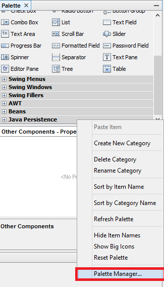 menu item palette netbeans