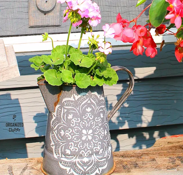 Upcycled Vintage Coffee Pot and Enamelware Decor Ideas #upcycle #coffeepots #enamelware #graniteware #vintage #stencil #oldsignstencils #imagetransfers #containergarden #holidaydecorating