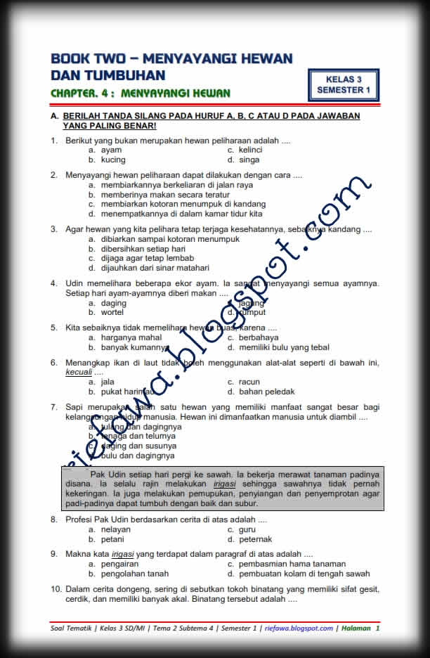 Download Soal Tematik Kelas 3 Tema 2 Subtema 4 Edisi Revisi 2018 Semester 1 Pdf Rief Awa Blog