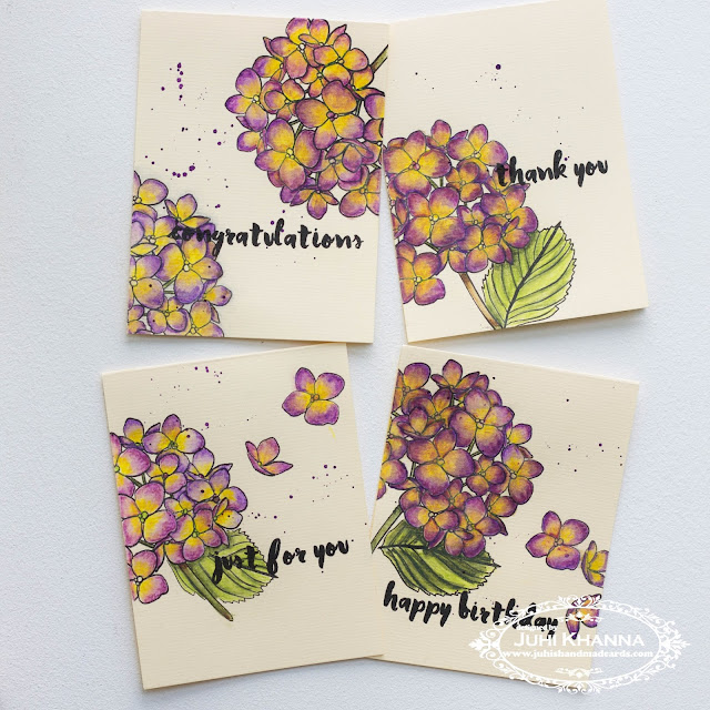 One layer card with #ellenhutson Mondo Hydrangea stamps, colored with watercolor pencils