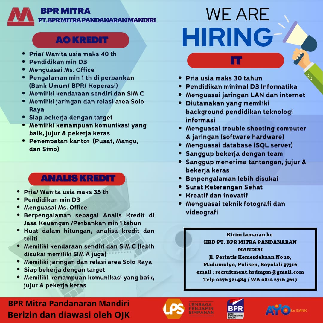 Lowongan Kerja PT BPR Mitra Pandanaran Mandiri Boyolali