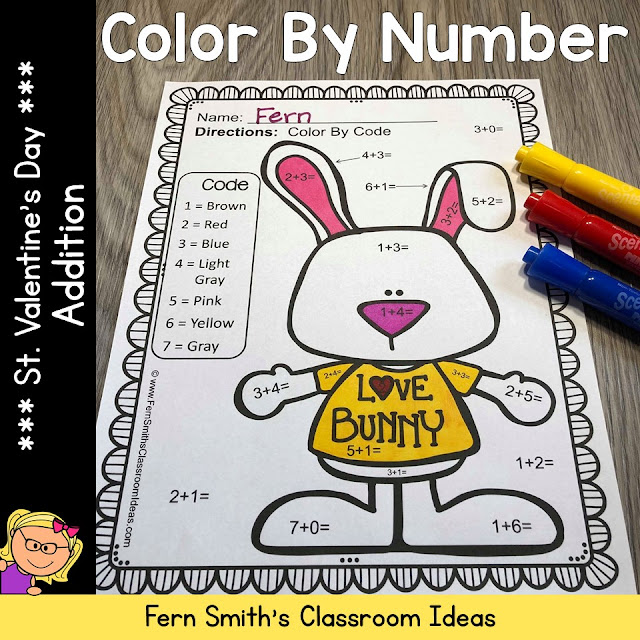These St. Valentine's Day Color By Number Addition Worksheets Would Look Great On Your Bulletin Board! Fern Smith's Classroom Ideas