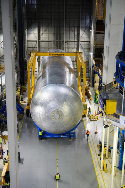 At NASA's Michoud Assembly Facility in New Orleans, Louisiana, the liquid hydrogen tank for the Space Launch System's Artemis 3 core stage booster is placed inside Cell A before it will undergo white light scans during the manufacturing process.