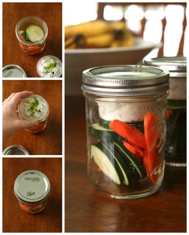 By reusing a small plastic cup and a wide mouth mason jar, you can have an easy, healthy snack to go! 