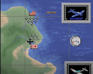 Shows Japan and American flags plus planes from both armies here and also shows land and water and map area in it