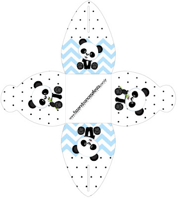 Osito Panda en Zigzag Celeste y Lunares Negros: Cajas para Imprimir Gratis.