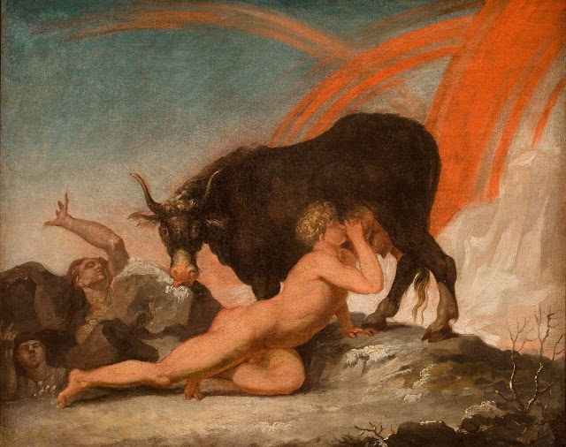 В скандинавской мифологии Имира вскормила корова Аудумлу на заре богов. Картина Николая Абильдгаарда, 1777 г.