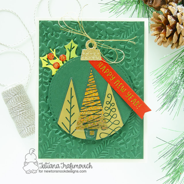 Christmas Tree Card by Tatiana Trafimovich | Christmas Trees Hot Foil Plates & Die, Holiday Greetings Hot Foil Plates, Holiday Foliage Hot Foil Plate, Circle Frames Die Set, Ornament Shaker Die Set and Banner Duo Die Set by Newton's Nook Designs