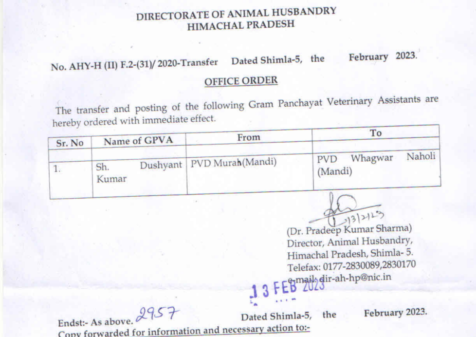 Transfer Order of Animal Husbandry Attendant & PVA