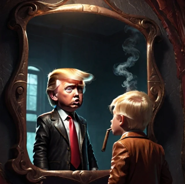 Donald Trump looking in the mirror at himself as a child with broken cigar in mouth