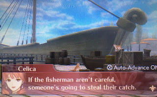 The same dock scene as the previous picture, but this time Celica says "If the fishermen aren't careful, someone's going to steal their catch."