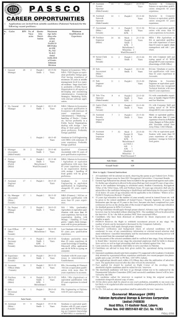 Government Jobs Of Sub Engineer General manager Telephone Operator Assistant Engineer Project Manager Senior Clerk Accountant Superintendant Accounts Officer Assistant Accounts Manager Sub divisional officer Assistant Network Administrator Private Secretary Sub Accountant Assistant System Operator Law Officer Deputy General Manager In Pakistan Agriculture Storage And Services Limited PASSCO ,Lahore June 2020.