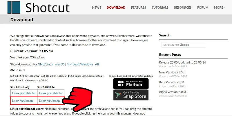 Elige entre Fooshub y Github para descargar la appimage reciente de Shotcut y configuralo como un portable