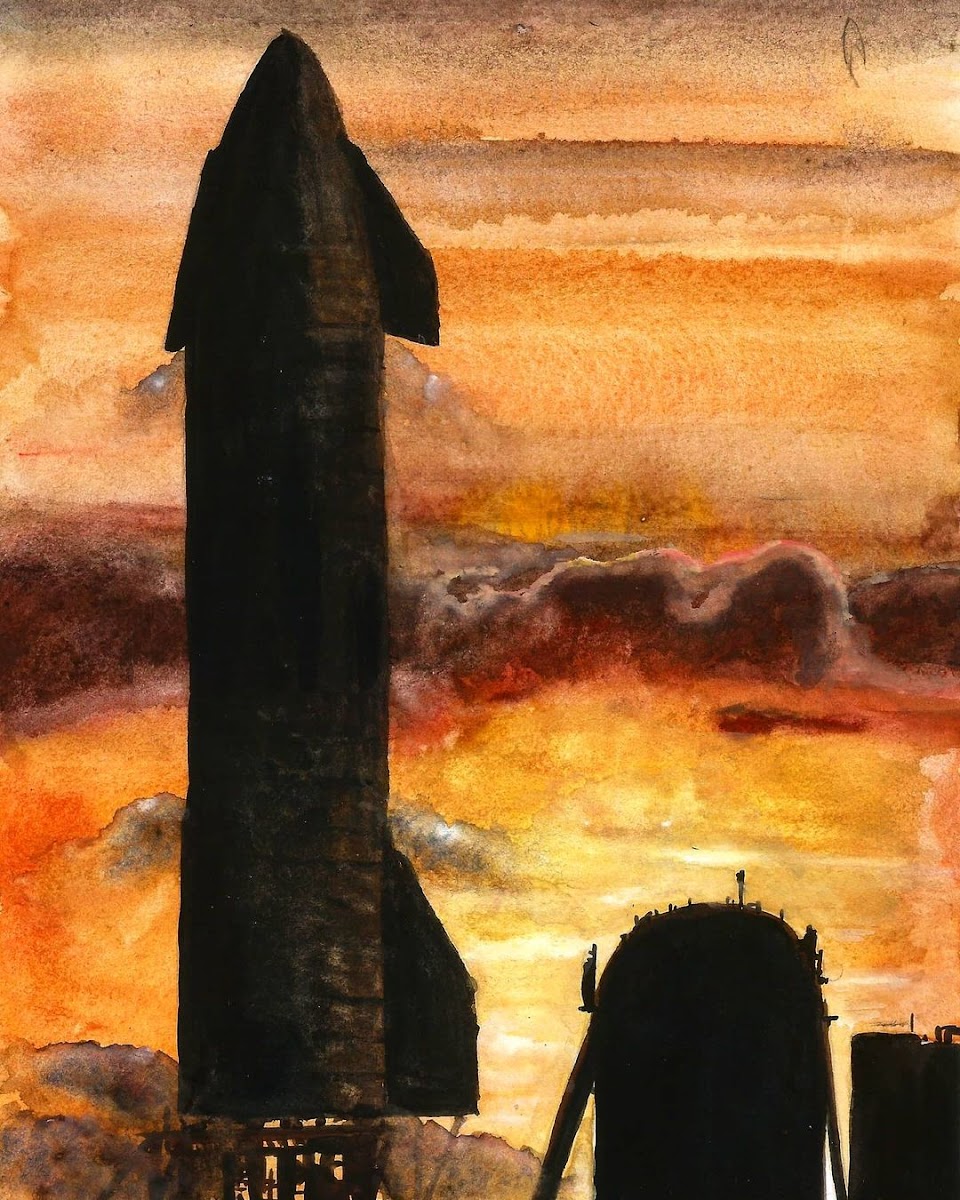 Painting of SpaceX's Starship SN8 on launch stand by Colin Doublier